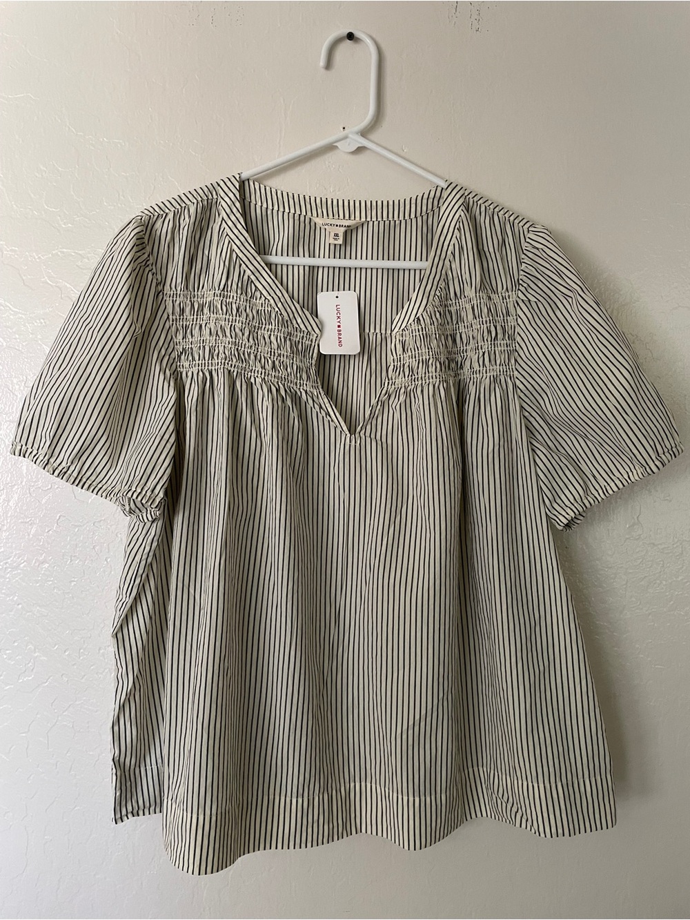Lucky Brand White and Black Striped Smocked V-Neck Blouse
